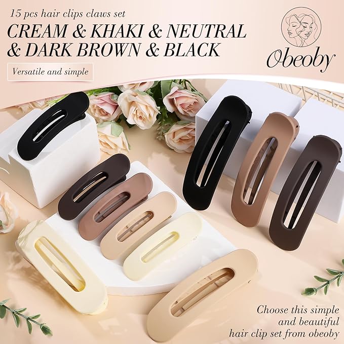 15 PCS Flat Hair Clips, Neutral Color Flat Claw Clips 3 Sizes Hair Claws for Women Girls Thin Hair Medium and Small Hair Clip