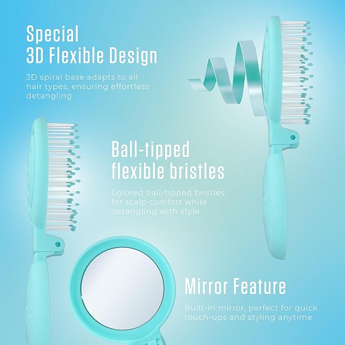 Mini Detangler Travel Hair Brush with Mirror, Makaron Hair Brushes for Women, Men and Kids, Unique 3D Flexible Design for All Hair Types, Styling Accessory, Travel Essentials for Women (BLUE)