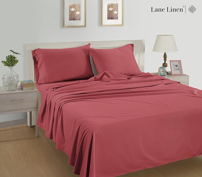 Lane Linen 100% Organic Cotton Pillow Cases - Set of 2 (20"x26") - Soft Red Cotton Pillowcases - Mineral Red