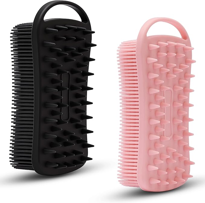 2 PC Silicone Body Scrubber, 2 in 1 Exfoliating Shower Bath Scrubber, Soft Silicone Loofah for Sensitive Skin, Shower Hair Scalp Massager, Easy to Clean, Lather Well (Black&Pink)
