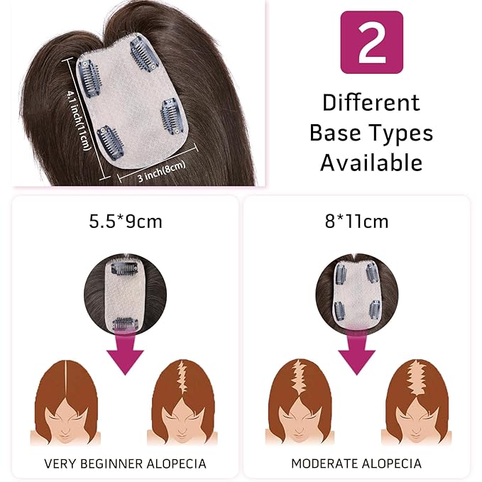 VERNA Real Human Hair Topper, 10 Inch 100％ Human Hair Toppers for Women with Thinning Hair, Large area Coverage Dark Brown Hairpiece Wiglet for Daily Wear(8 * 11)