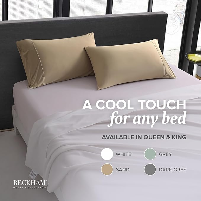 Beckham Hotel Collection Cooling Pillowcases for Hot Sleepers, King Size Set of 2, Cool Bedding, Envelope Closure, Silky Soft, Breathable, Moisture-Wicking, Sand
