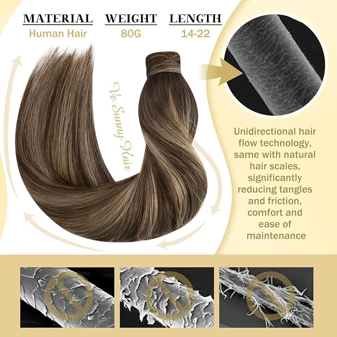 Ve Sunny Hair Extensions Ponytail Real Human Hair Wrap Around Clip in Ponytail Hair Extensions Straight Extensions Human Hair for Women Medium Brown Balayage Ombre Caramel Blonde 22inch 80G