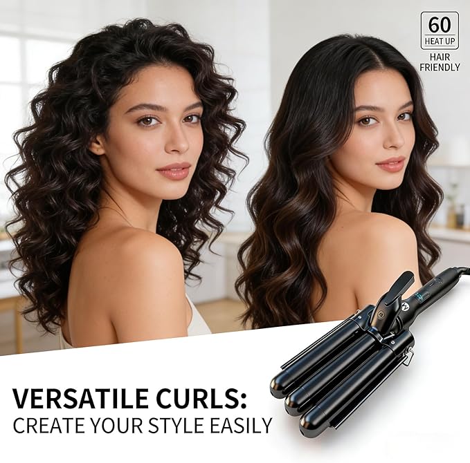 3 Barrel Curling Iron, 1 Inch Ceramic Tourmaline Hair Waver Wand with LCD Temperature Display, Fast Heating Foldable Crimpers for Travel Glove Included (Black)