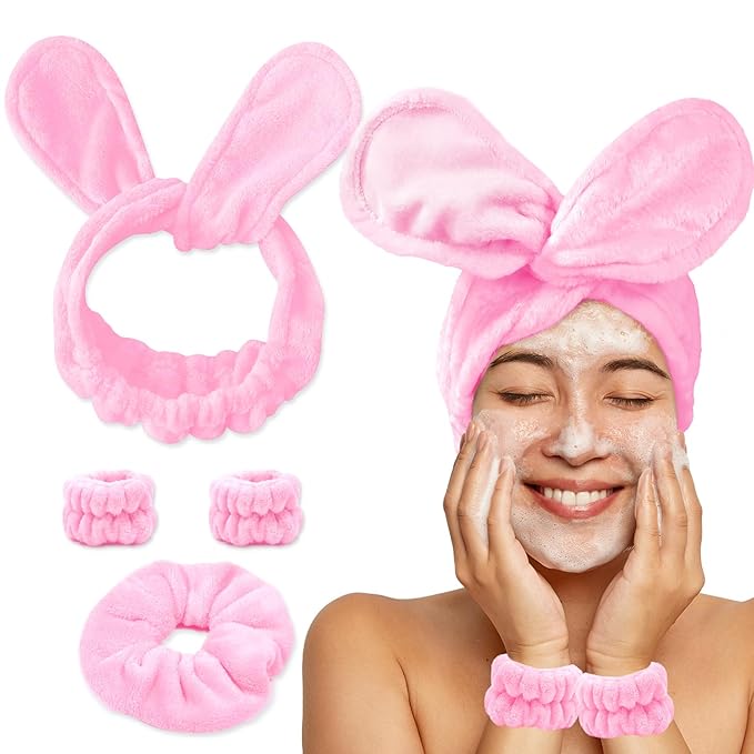 Hair Band for Washing Face, Adjustable Skincare Spa Headband and Wristband Set for Women Girl, Makeup Hair Headbands Cute Pink Versatile Fun Gift for Friend