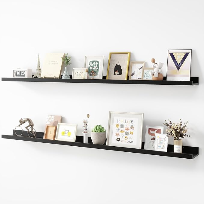 Picture Ledge Shelf, Wood Long Floating Shelves for Wall, Set of 2, 56 inch Picture Ledge Shelves, Photo Ledge Nursery Book Shelves Wall Mounted for Living Room Kids' Room Bedroom, Color Black
