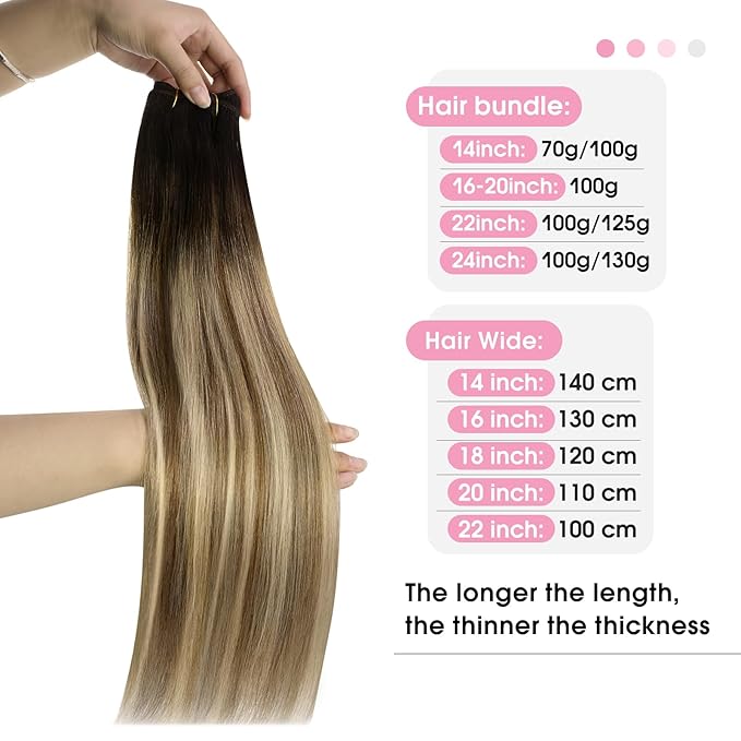 YoungSee Hair Extensions Weft Ombre Sew in Hair Extensions Real Human Hair Brown Balayage Weft Extensions Darkest Roots to Medium Brown with Blonde One Bundle 24Inch 100G