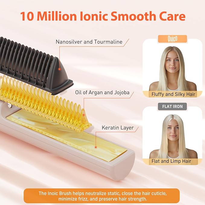 Quico Hair Straightener Brush, Ionic Straightening Brush for Women, Ceramic Travel Hair Straightener Comb, Electric Hot Comb Flat Iron, 100-240V Dual Voltage, Auto Temp Lock & Auto-Off Function, Pink