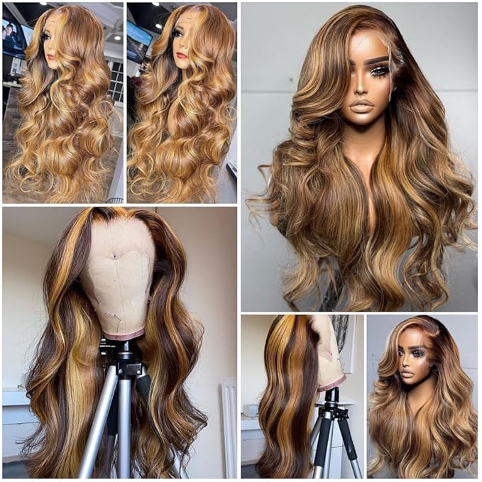 Body Wave Lace Front Wigs Human Hair Pre Plucked 180% Density 13x6 HD Lace 16 Inch P4/27 Honey Blonde Frontal Wigs for Black Women Glueless Ombre Lace Front Wig