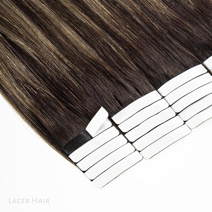 Lacer Natural Hair Extensions Remy Tape in Human Hair Extensions Balayage Seamless PU Skin Weft 100% Real Virgin Hair Ombre Darkest Brown to Chestnut Brown Color 100g 40pcs/set 22 Inch
