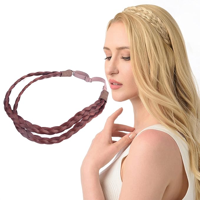 DIGUAN Double Three Strand Synthetic Hair Braided Headband Hairpiece Extension Women Girl Beauty accessory (Burgundy)