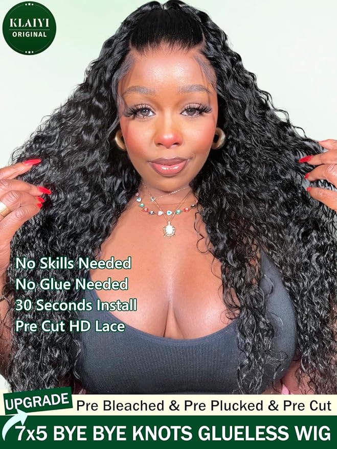 KLAIYI Bye Bye Knots Glueless Wig Pre Cut Water Wave HD Lace Front Wigs Human Hair Pre Bleached Pre Plucked Ready to Go Wigs for Women 30S Easy to Wear Put On and Go Curly Wig Beginner Friendly 26inch