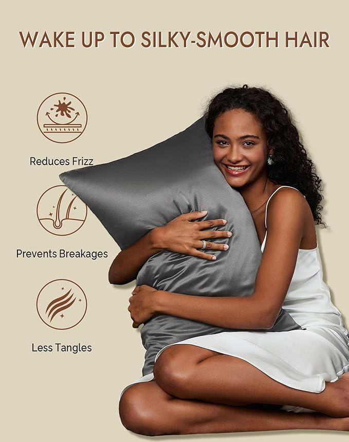 SilkSilky 100% Mulberry Silk Pillowcase - Pure 22 Momme High-Grade 6A Fibers for Hair & Skin, Envelope Closure, Natural, Organic, Breathable & Cooling Pillow Case (Standard, Dark Gray)