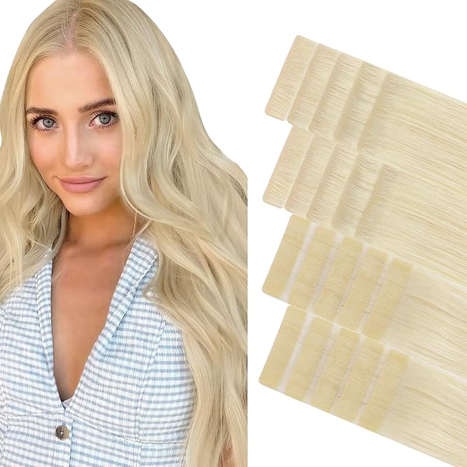 GOO GOO Invisi Edge Tape in Hair Extensions Human Hair, 60A Platinum Blonde 10pcs injected with 10pcs classical tape ins, 14inch 50g, Virgin Remy Hair, Natural Look