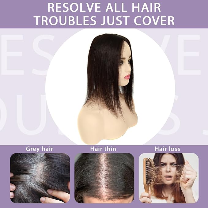 Hair Toppers for Women Real Human Hair, 3x5 Inch Injected Silk Base No Bangs 16 Inch Length 130% Density Hairpieces #1C Natural Black (Subtle Red Undertones in Sunlight)
