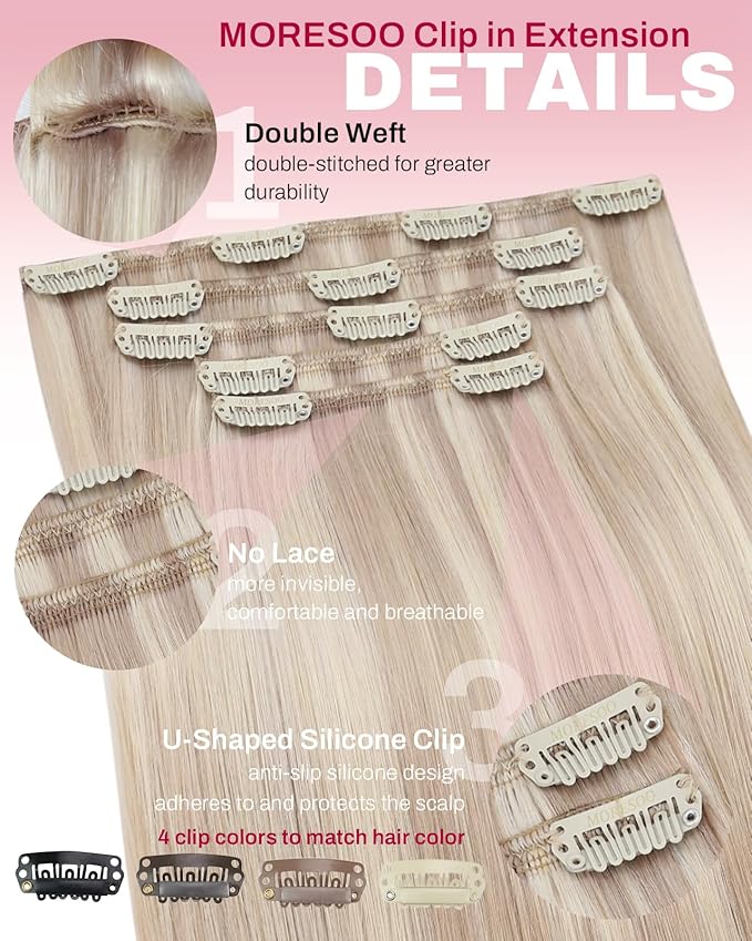 Moresoo Real Hair Extensions Clip ins Blonde Highlights Clip in Extensions Ash Blonde with Bleach Blond for Long Remy Hair Extensions 80g/5pcs 22inch