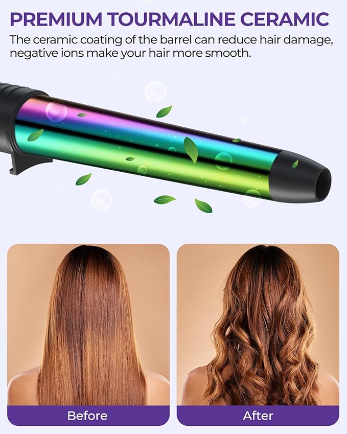 5 in 1 Curling Wand Set: Ohuhu Curling Iron Wand 5Pcs 0.35 to 1.25 Inch Interchangeable Ceramic Barrel Heat Protective Glove 2 Clips Dual Voltage Hair Curler Girls Women Mother Christmas Gift Rainbow