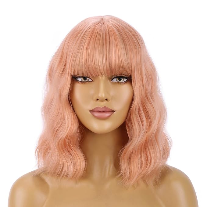 BERON 14 Inches Light Orange Wig Short Curly Wig Women Synthetic Orange Wigs with Bangs Hairnet Included