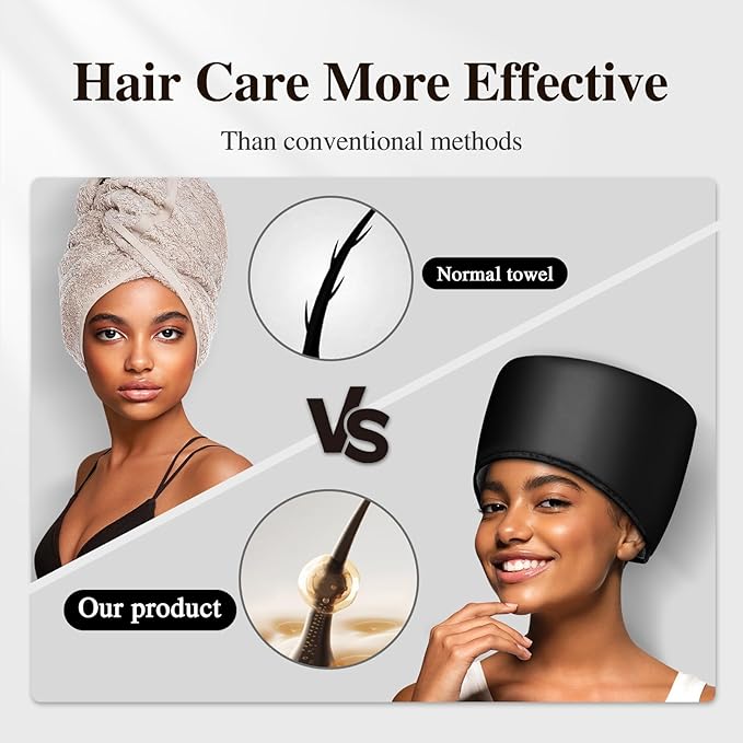 Heated Electric Thermal Steamer Cap for Natural Black Afro Hair - Hot Spa Treatment Hat with Temperature Control for Deep Conditioning at Home - Black