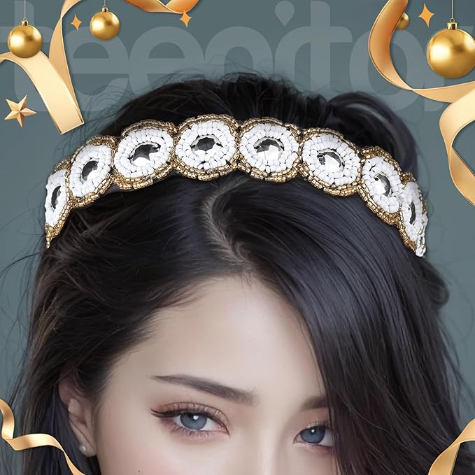 Teenitor 5pcs Hairbands for Women, 5 Rhinestone Beaded Headbands, Head Bands for Women's Hair Fashionable Handmade Crystal Beaded Elastic hairbands, 20-26.8"(51-68cm), 1 Count (Pack of 5), HAIRBAND