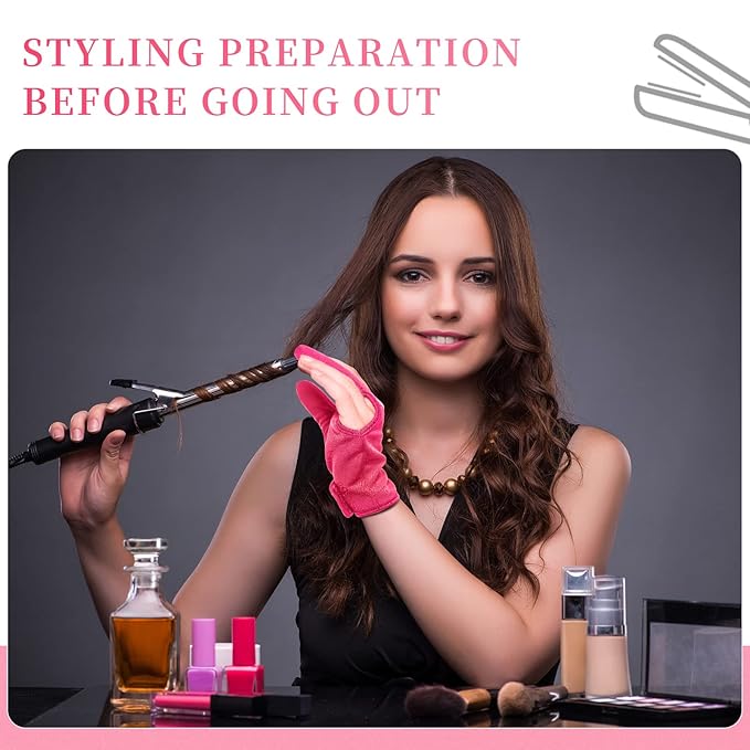Geyoga 2 Pcs Heat Resistant Gloves for Hair Styling 3 Finger Barber Gloves Reusable Curling Wand Heat Protector for Hair Dye(Rose Red)