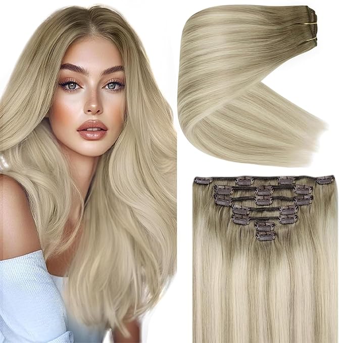 Ve Sunny Clip in Hair Extensions Ombre Remy Hair Extensions Clip in Extensions Real Human Hair for Women Short Ash Grey Balayage Platinum Blonde 5pcs 80g 12 inch
