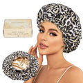 Large Shower Caps for Women Reusable Waterproof Satin Lined Shower Cap with Adjustable Band Double Layer Design Luxury Washable Bath Hair Bonnet (Black Leopard)