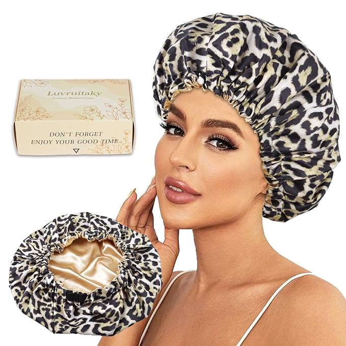 Large Shower Caps for Women Reusable Waterproof Satin Lined Shower Cap with Adjustable Band Double Layer Design Luxury Washable Bath Hair Bonnet (Black Leopard)