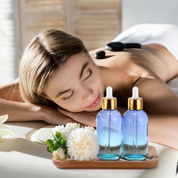 Dandat 50 Pack 4 oz Glass Dropper Bottles Leakproof 120 ml Glass Tincture Bottles with Eye Droppers, 4 Funnels, 54 Labels for Essential Oil Perfumes Hair Oil(Blue Gradient)