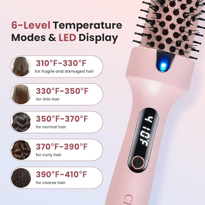 CHIKYO 38mm Thermal Brush, 1.5 Inch Heated Round Brush, Negative Ion Curly Hair Brush, Curling Iron with Dual Voltage & Dual PTC & 6 Heat Settings, Pink
