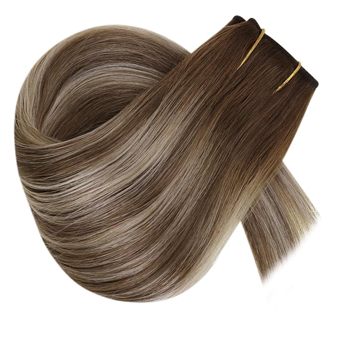 RUNATURE Brown Balayage Wire Hair Extensions Real Human Hair, Invisible Wire Hair Extensions Short, Remy Straight Soft Hair，Natural Blending, 12 Inch 70g #3/8/22 Walnut Brown Ombre Light Blonde