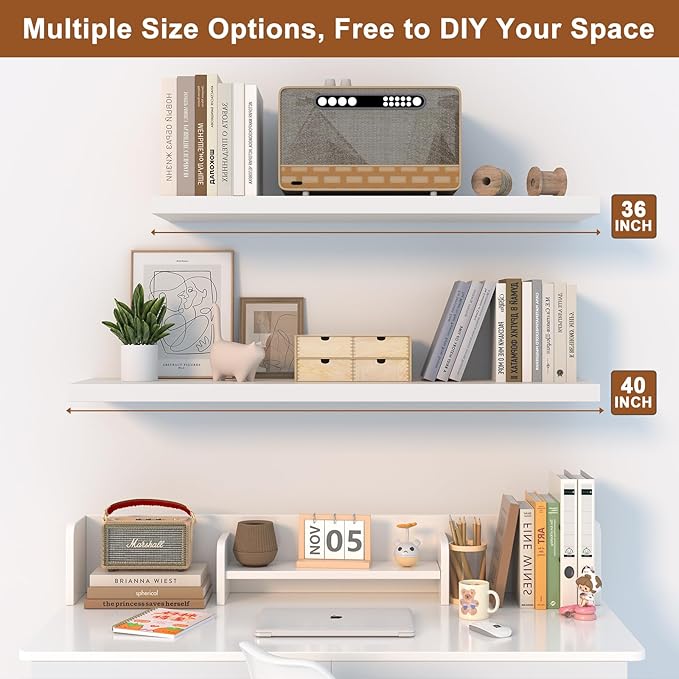 40 Inch Floating Shelf 2 Pack Large Floating Shelves for Wall No Drilling Accessories Included Deep Wall Shelves for Living Room Kitchen Farmhouse 40" W x 12" D x 1.2" White