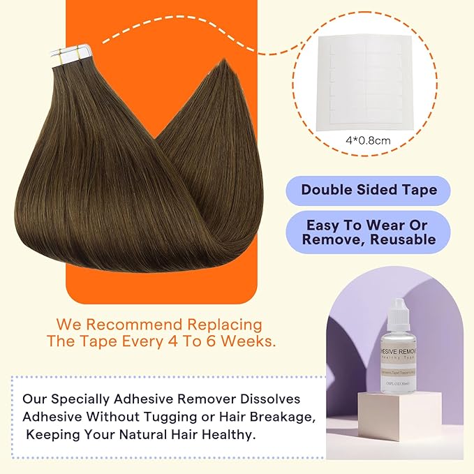 Full Shine Tape in Hair Extensions 16 Inch Color 4 Medium Brown Natural Invisible Double Sided Tape in Extensions Human Hair 20PCS Straight Seamless Soft and Silky Remy Hair 50G for Wedding
