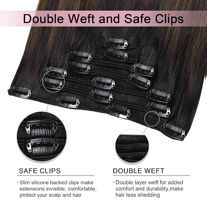 Pro2.0 Remy Real Human Hair Extensions Clip ins 120g Thick 7pcs Color #1BT4 Natural Black Fading to Middle Brown Remy Clip in Hair Extensions Real Human Hair 16inch Double Weft（#1BT4-16inch）