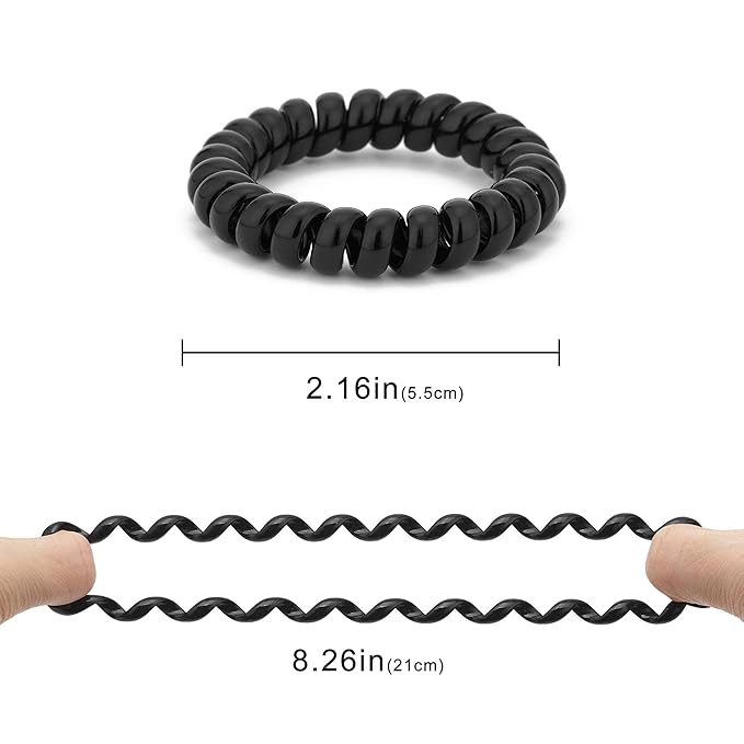 Spiral Plastic Hair Ties (Black, 12 Pcs) - Coil Ponytail Holders for Thick Hair, No Crease Phone Cord Ties for All Hair Types