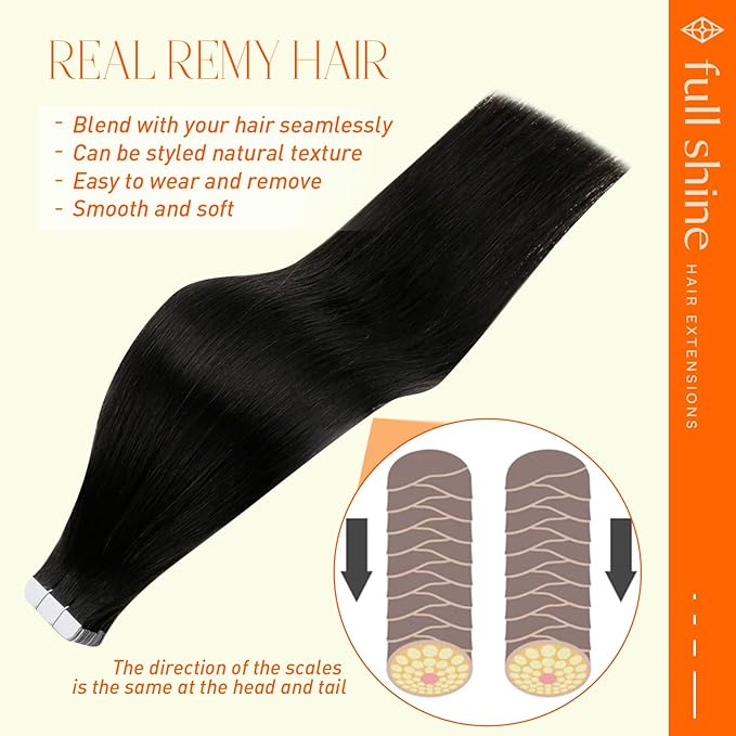 Full Shine Invisible Tape in Hair Extensions Human Hair 24 Inch Color 1B Natural Black Hair Extensions Double Sided Remy Tape ins Human Hair Extensions 20Pcs 50Grams Soft Tape in Extensions