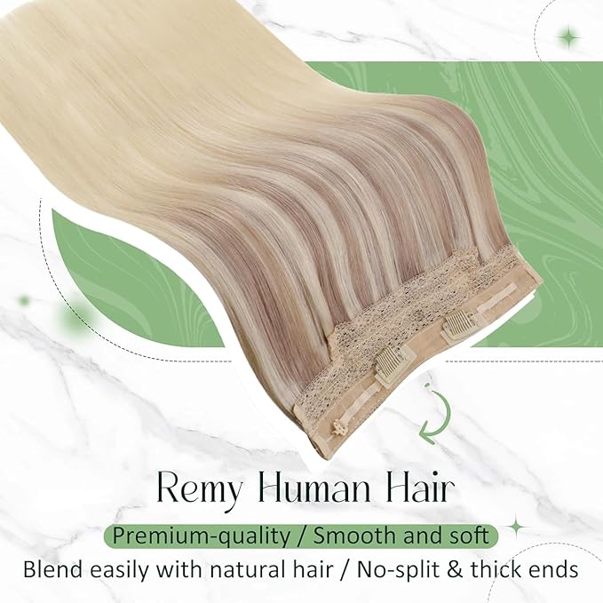 RUNATURE Wire Hair Extensions Real Human Hair, Balayage Invisible Fish Line Extensions, Straight Remy Natural Hair, Add Volume 16 Inch 80g #18/22/60 Ash Blonde to Light Blonde Mix Bleach Blonde