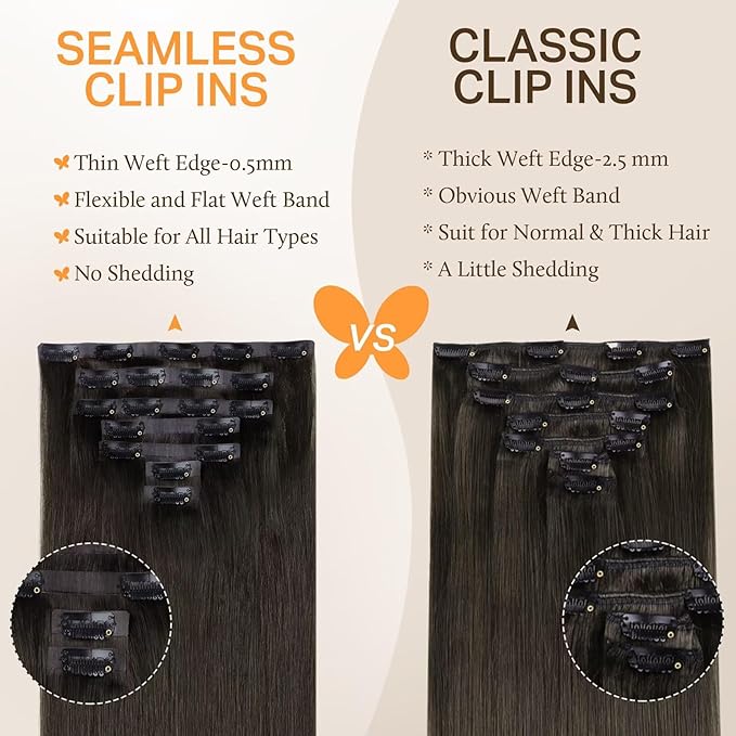 DOORES Seamless Clip-in Real Human Hair Extensions, Mocha Brown 7pcs 110g 18 Inch, Straight Hair with Invisi Edge