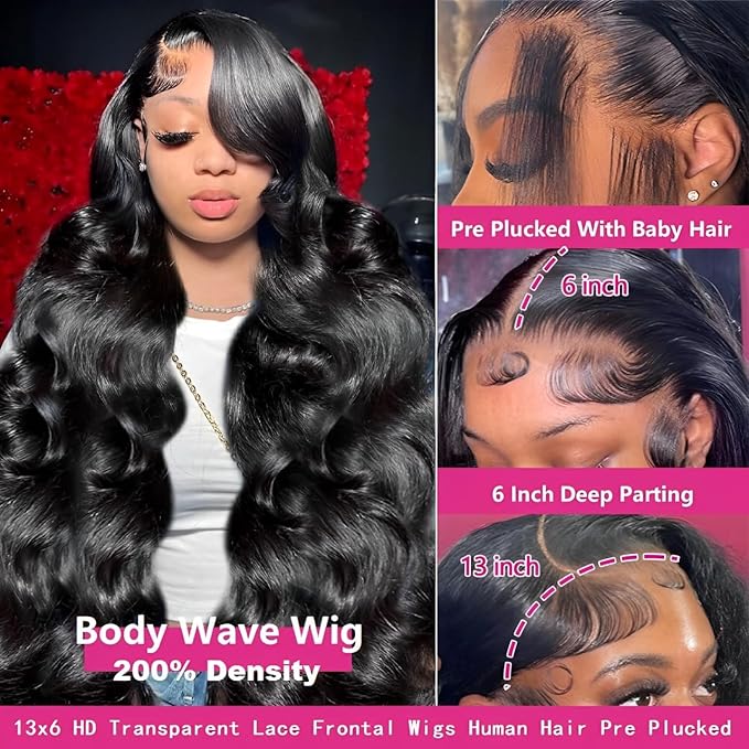 18 Inch 13x6 Lace Front Wigs Human Hair 200 Density Body Wave HD Lace Front Wigs Human Hair Pre Plucked Natural Color Glueless Wig 100% Virgin Human Hair Lace Front Wigs for Women