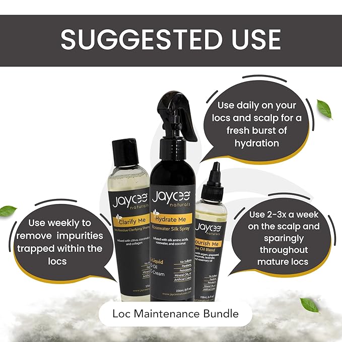 3-Step Loc Maintenance Kit - Clarify Weekly, Hydrate Daily & Seal Moisture | Shampoo, Rosewater Spray & Lightweight Oil for Locs & Textured Hair - Supports Healthy, Breakage-Free Locs