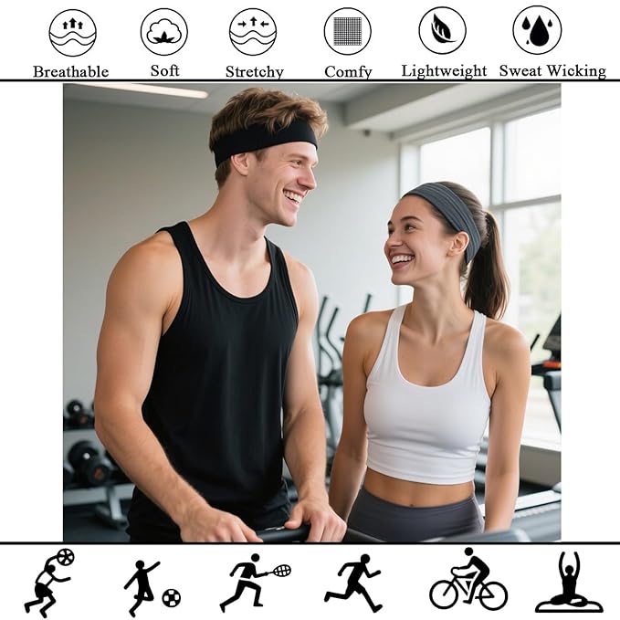 9PCS Headbands for Women and Men Stretchy Headband Soft Hair Band Fashion Head Bands for Women's Hair Workout Yoga Running Unisex Accessories Black