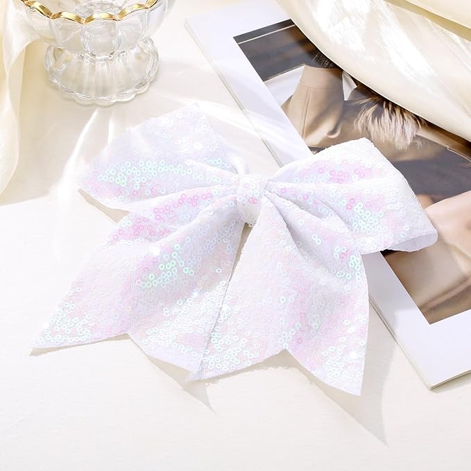 Large Glitter Cheer Bows Clips, Jumbo Big 7 Inch Cheerleading Sequin Hair Bow Hair Accessories for Teens Girls Football Sports Cheerleader Outfit Uniform (White)