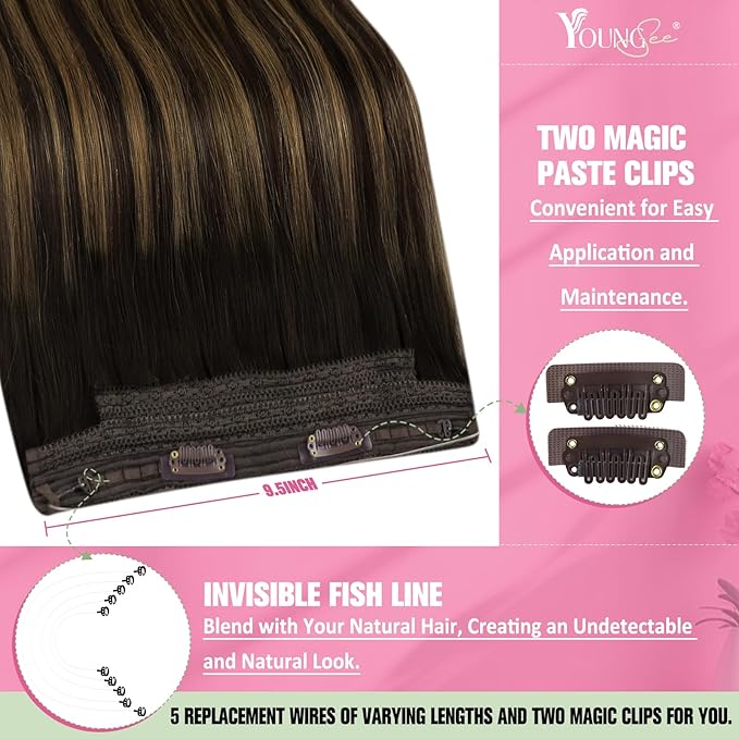 YoungSee Wire Human Hair Extensions Brown Wire Hair Extensions Human Hair Balayage Darkest Brown with Medium Brown Fish Line Hair Extension Real Human Hair 80G 16In