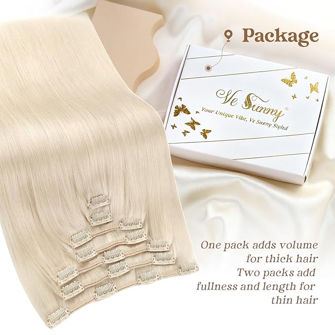 Ve Sunny Clip in Human Hair Extensions Blonde Clip in Hair Extensions, Real Hair Extensions Clip in Human Hair, Long Straight Hair Extensions Clip ins 24inch 7pcs 120g