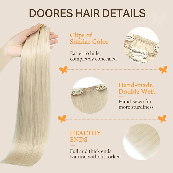 DOORES Clip in Hair Extensions Human Hair, 5pcs 80g Platinum Blonde 18 Inch Real Human Hair Extensions Clip in Natural Hair Extensions Straight