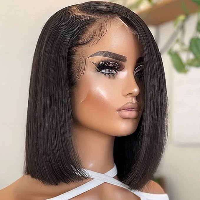 Bob Wig Human Hair 13X4 Lace Front Wigs Human hair Short Straight Frontal Bob Wig HD Transparent Lace Frontal wigs Pre Plucked for Women Glueless Wigs With Baby Hair Natural black10Inch-4