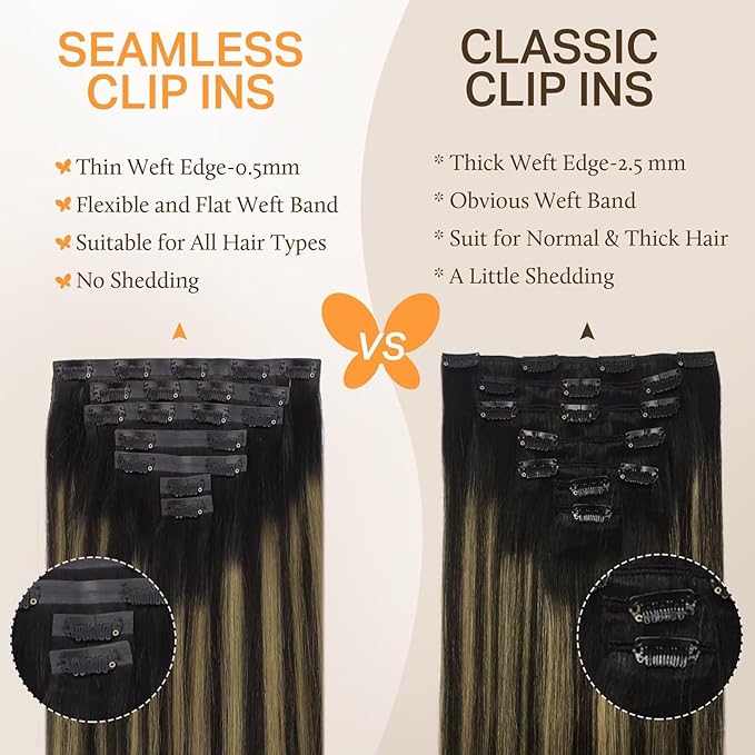 DOORES Hair Extensions Real Human Hair, Natural Black to Chestnut Brown 14 Inch 130g 9pcs, Clip in Remy Human Hair Extensions Seamless Clip ins Straight Hair Invisi Edge Hair Extensions Remy Hair