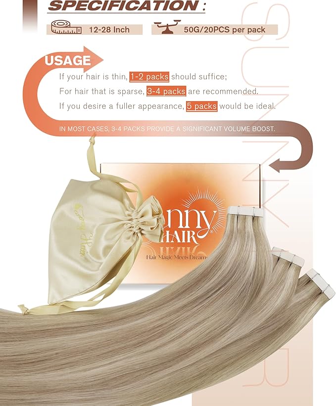 Sunny Hair Blonde Tape in Hair Extensions Human Hair Ash Blonde Highlight Bleach Blonde Hair Extensions Tape in 24 Inch Remy Tape in Txtensions for Women Wedding 20Pcs 50g