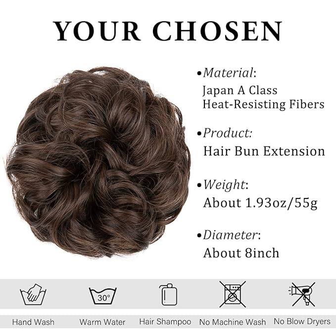 CJL HAIR Large Messy Bun Hair Piece Wavy Curly Scrunchies Synthetic Chignon Ponytail Hair Extensions Thick Updo Hairpieces for Women Ginger Brown