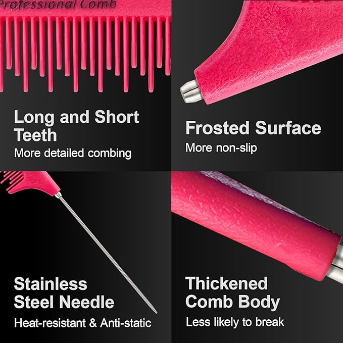 Rat Tail Combs for Parting,Protable Retractable Rat Tail Comb-Parting Combs for Hair Stylist-Stainless Steel Pin Tail Fine Tooth Teasing Comb Heat Resistant Anti Static(Pink)